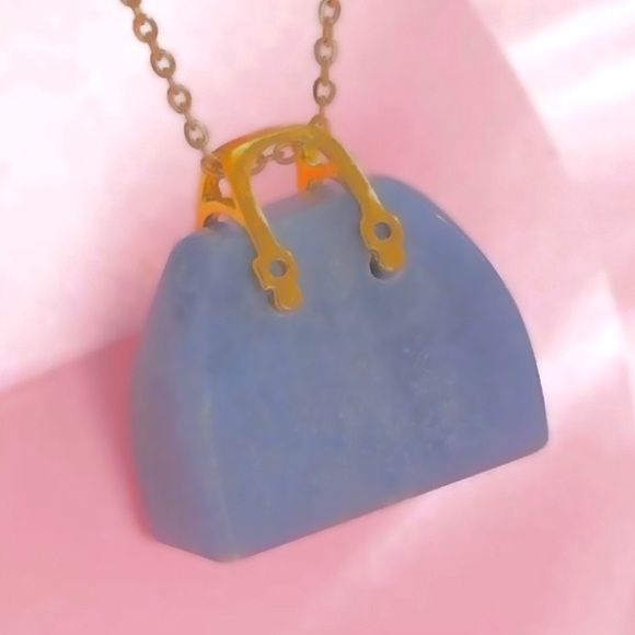“Blue Aventurine Purse” Natural Carved Stone Handbag Bag Purse 18K Gold Necklace